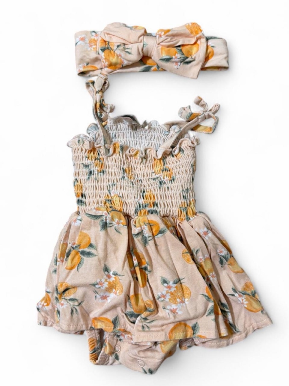 Milkberry Smocked Peach Floral Baby Romper with Matching Headband